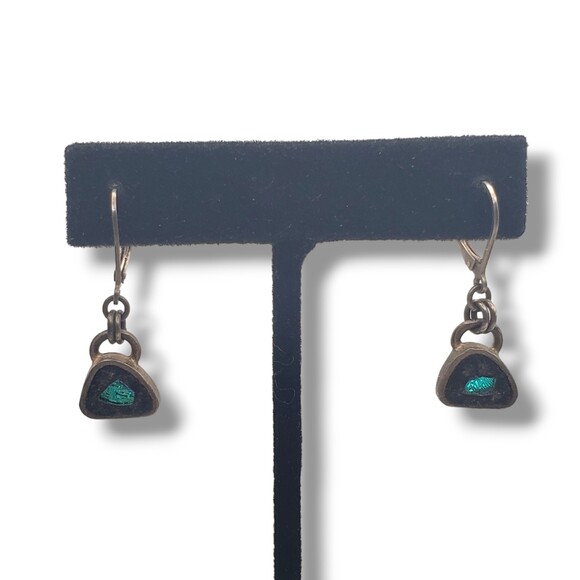Sterling Silver Earrings Inlaid Green Blue Dichroic Glass Leverback Dangle Drop - Picture 2 of 5